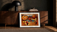 Anthropomorphic apples bobbing in tub print in a black frame leaning against a walnut console in lamplight