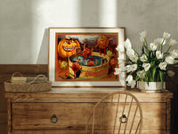 Anthropomorphic apples bobbing in tub print in an oak frame on a farmhouse dresser beside white tulips