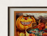 Close-up of the Anthropomorphic apples bobbing in tub print's dark wood frame corner and archival matte paper