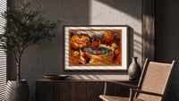 Anthropomorphic apples bobbing in tub print in a wood frame above a fluted sideboard beside an olive tree