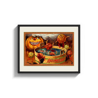 Framed Anthropomorphic apples bobbing in tub print shown as a wide statement piece on a clean white wall