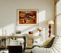 Anthropomorphic apples bobbing in tub print in an oak frame above a mid-century book console with a vintage radio