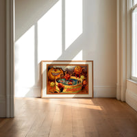 Anthropomorphic apples bobbing in tub print in an oak frame on a sunlit wood floor beneath tall window light