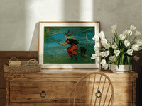 Witch flying on broom with black cat print in an oak frame on a farmhouse dresser beside white tulips