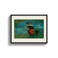 Framed Witch flying on broom with black cat print shown as a wide statement piece on a clean white wall