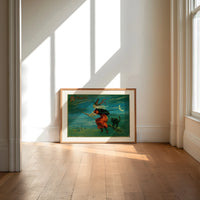 Witch flying on broom with black cat print in an oak frame on a sunlit wood floor beneath tall window light