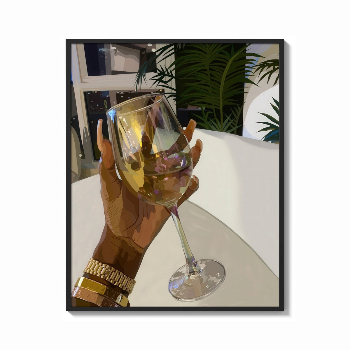 Framed Raised Wine Glass print shown as a bold statement piece on a clean gallery wall