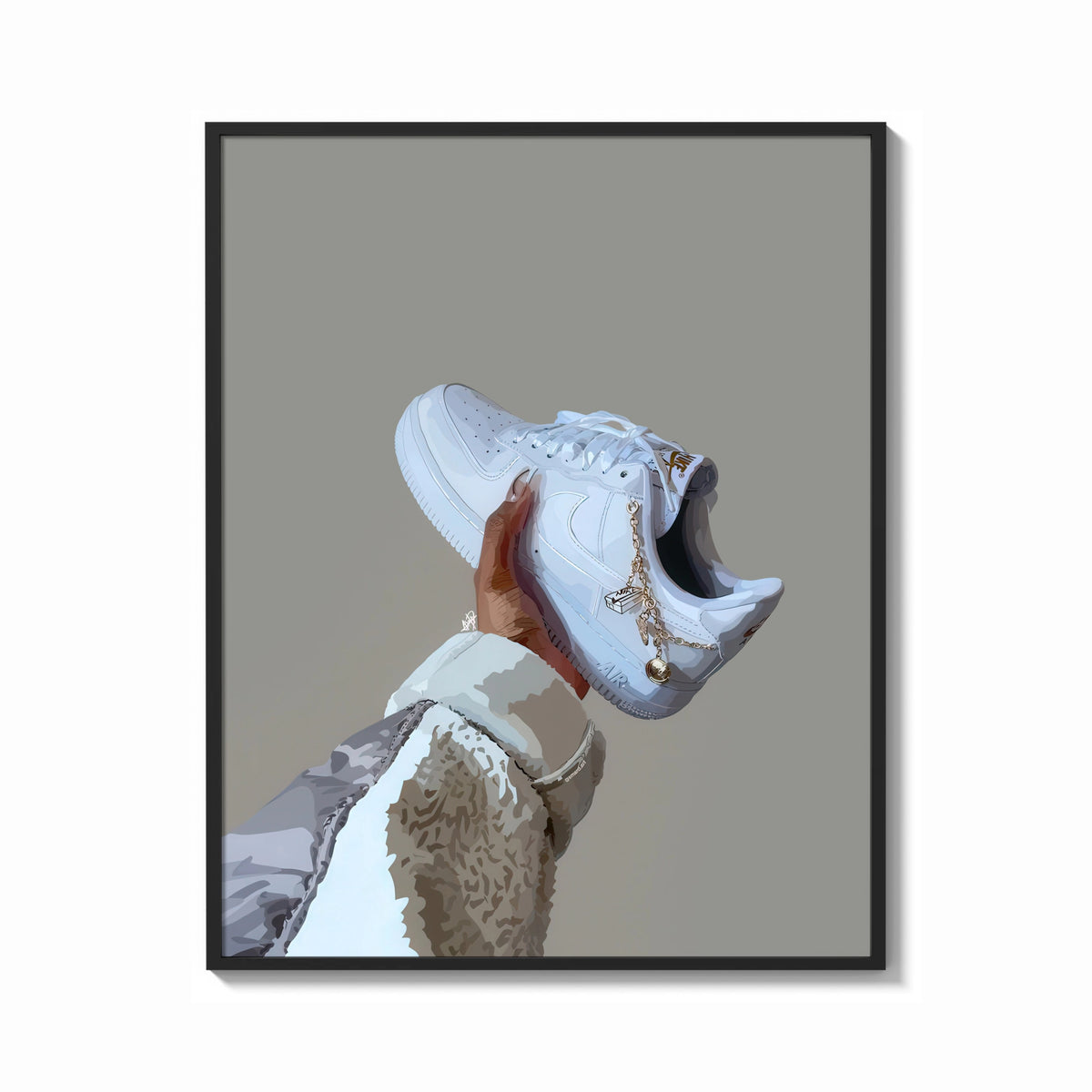 Framed White Sneaker with Gold Chains print shown as a bold statement piece on a clean gallery wall