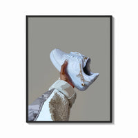 Framed White Sneaker with Gold Chains print shown as a bold statement piece on a clean gallery wall