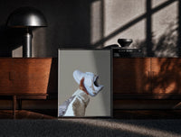 Black-framed White Sneaker with Gold Chains print on the floor in front of a dark wooden console
