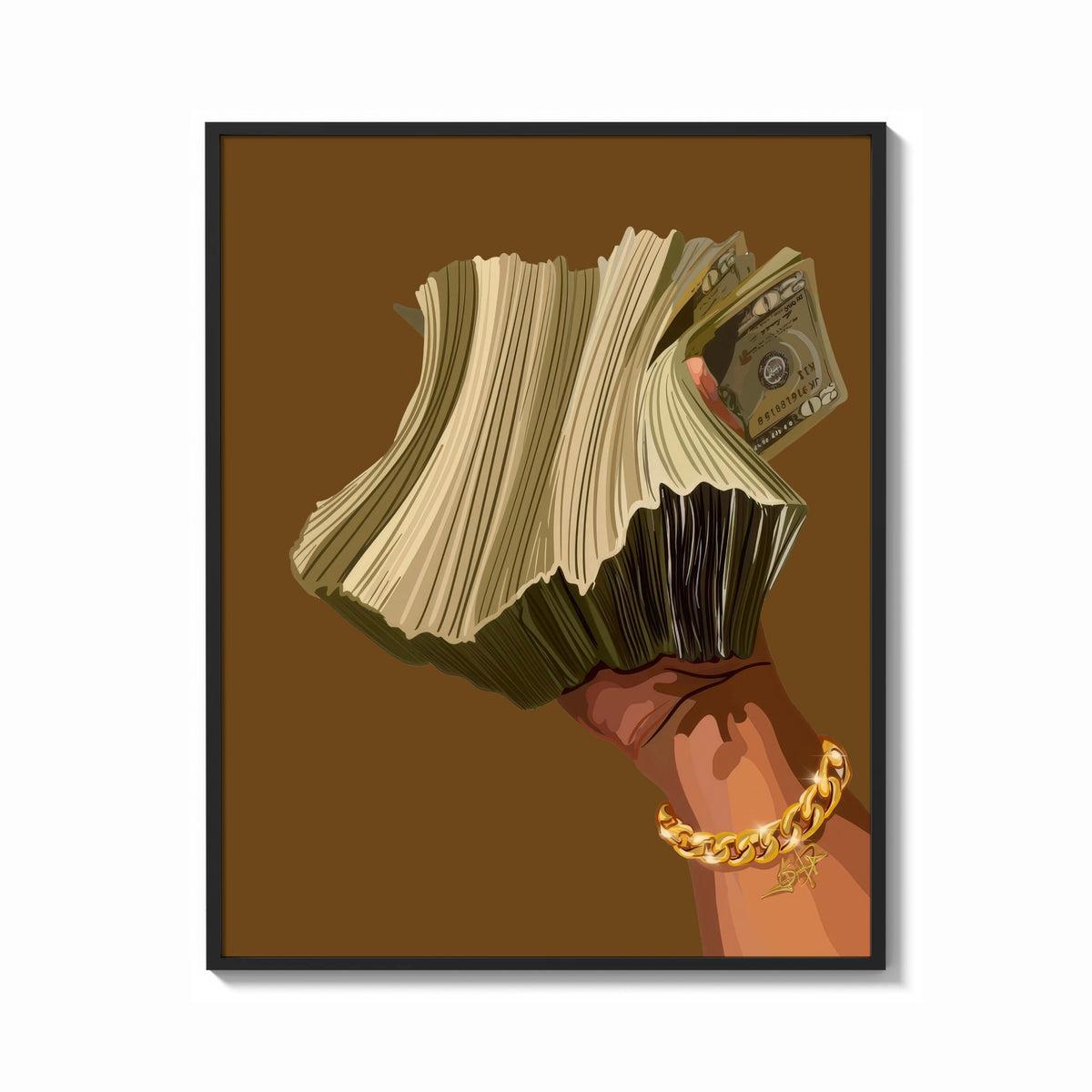 Framed Hand Holding Fanned Cash print shown as a bold statement piece on a clean gallery wall