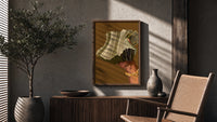 Hand Holding Fanned Cash poster framed above a fluted sideboard beside a potted tree