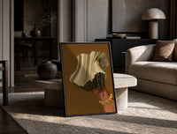 Hand Holding Fanned Cash print on the floor, leaning against a travertine table
