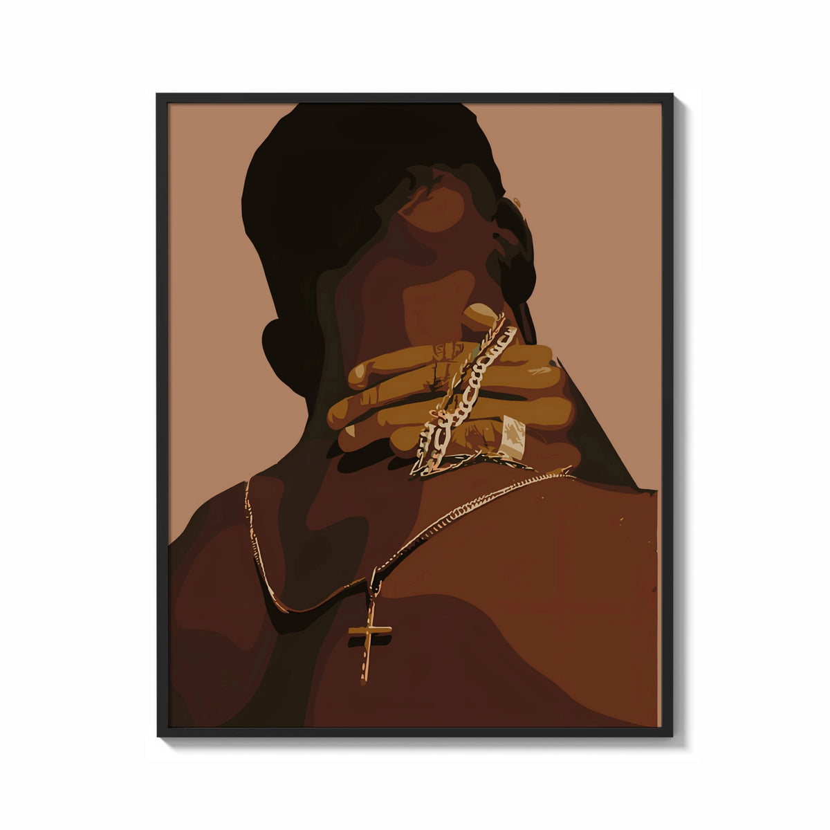 Framed Hand Holding Layered Chains print shown as a bold statement piece on a clean gallery wall