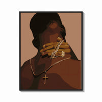 Framed Hand Holding Layered Chains print shown as a bold statement piece on a clean gallery wall