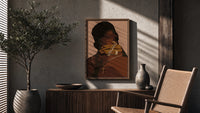 Hand Holding Layered Chains poster framed above a fluted sideboard beside a potted tree