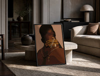 Hand Holding Layered Chains print on the floor, leaning against a travertine table