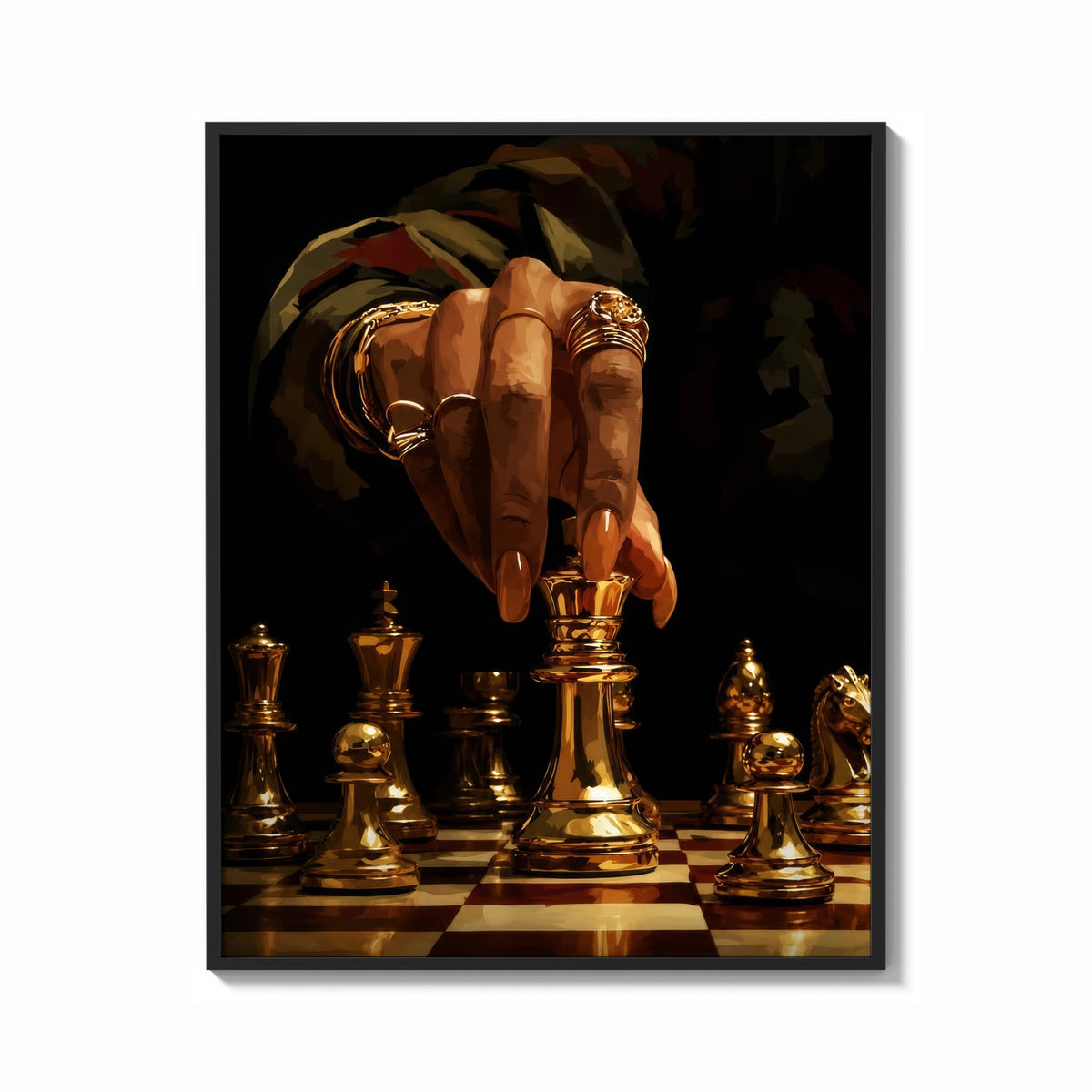 Framed Hand Moving the Queen print shown as a bold statement piece on a clean gallery wall