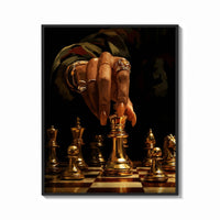 Framed Hand Moving the Queen print shown as a bold statement piece on a clean gallery wall