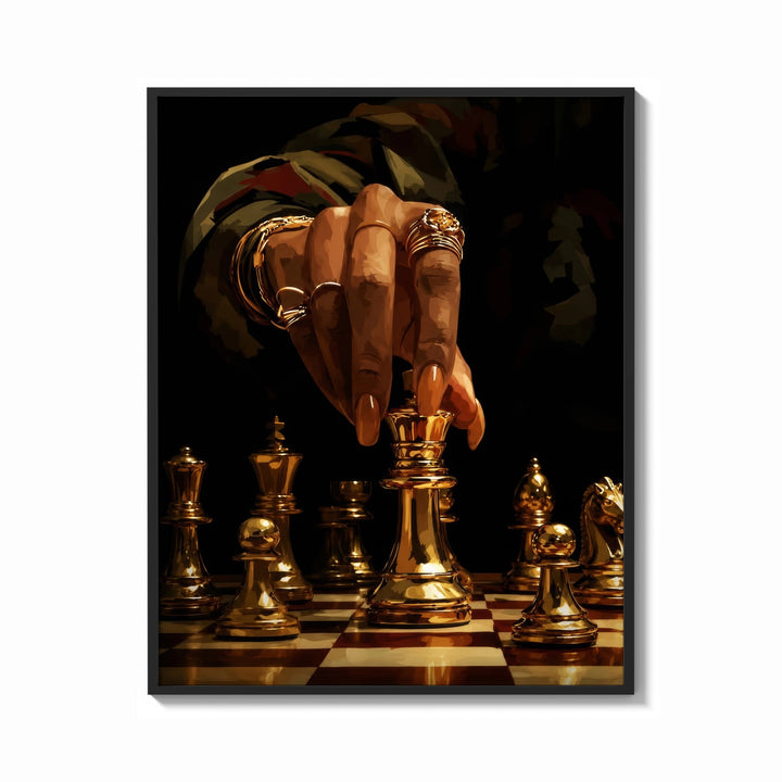 Framed Hand Moving the Queen print shown as a bold statement piece on a clean gallery wall