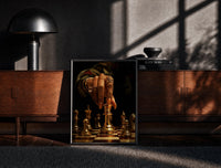 Black-framed Hand Moving the Queen print on the floor in front of a dark wooden console