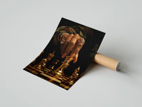 Gently curled Hand Moving the Queen print beside its protective shipping tube