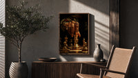 Hand Moving the Queen poster framed above a fluted sideboard beside a potted tree