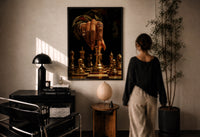 Hand Moving the Queen print in a black frame on a sunlit plaster wall, a woman looking on beside a mushroom lamp