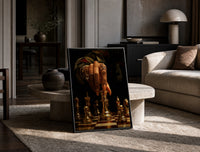 Hand Moving the Queen print on the floor, leaning against a travertine table