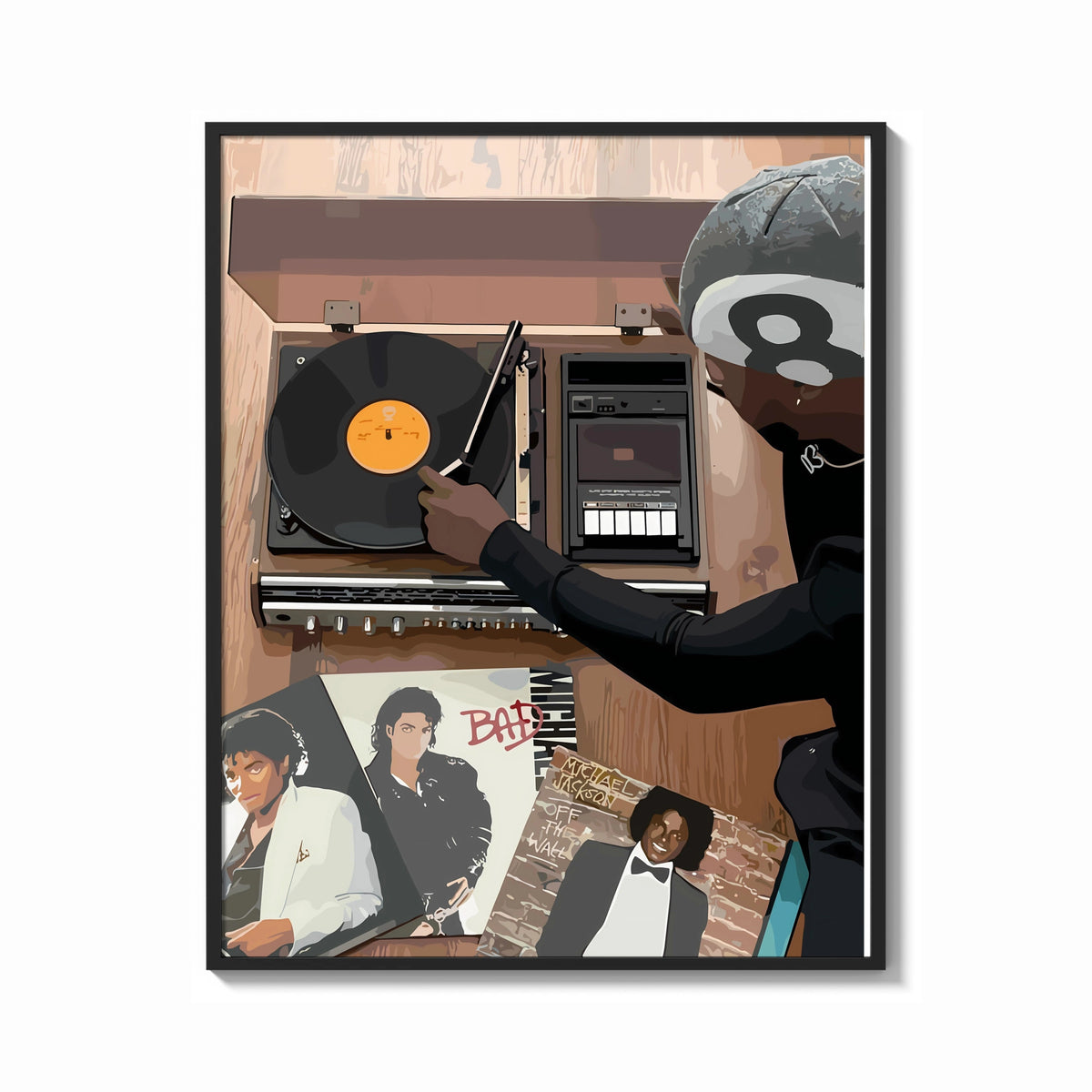 Framed Hand on a Wooden Record Player print shown as a bold statement piece on a clean gallery wall