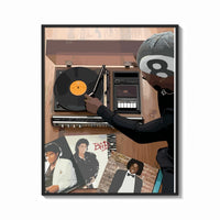 Framed Hand on a Wooden Record Player print shown as a bold statement piece on a clean gallery wall