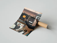 Gently curled Hand on a Wooden Record Player print beside its protective shipping tube