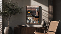 Hand on a Wooden Record Player poster framed above a fluted sideboard beside a potted tree
