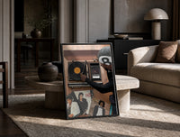 Hand on a Wooden Record Player print on the floor, leaning against a travertine table