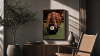 Hand on the Eight Ball poster framed above a fluted sideboard beside a potted tree