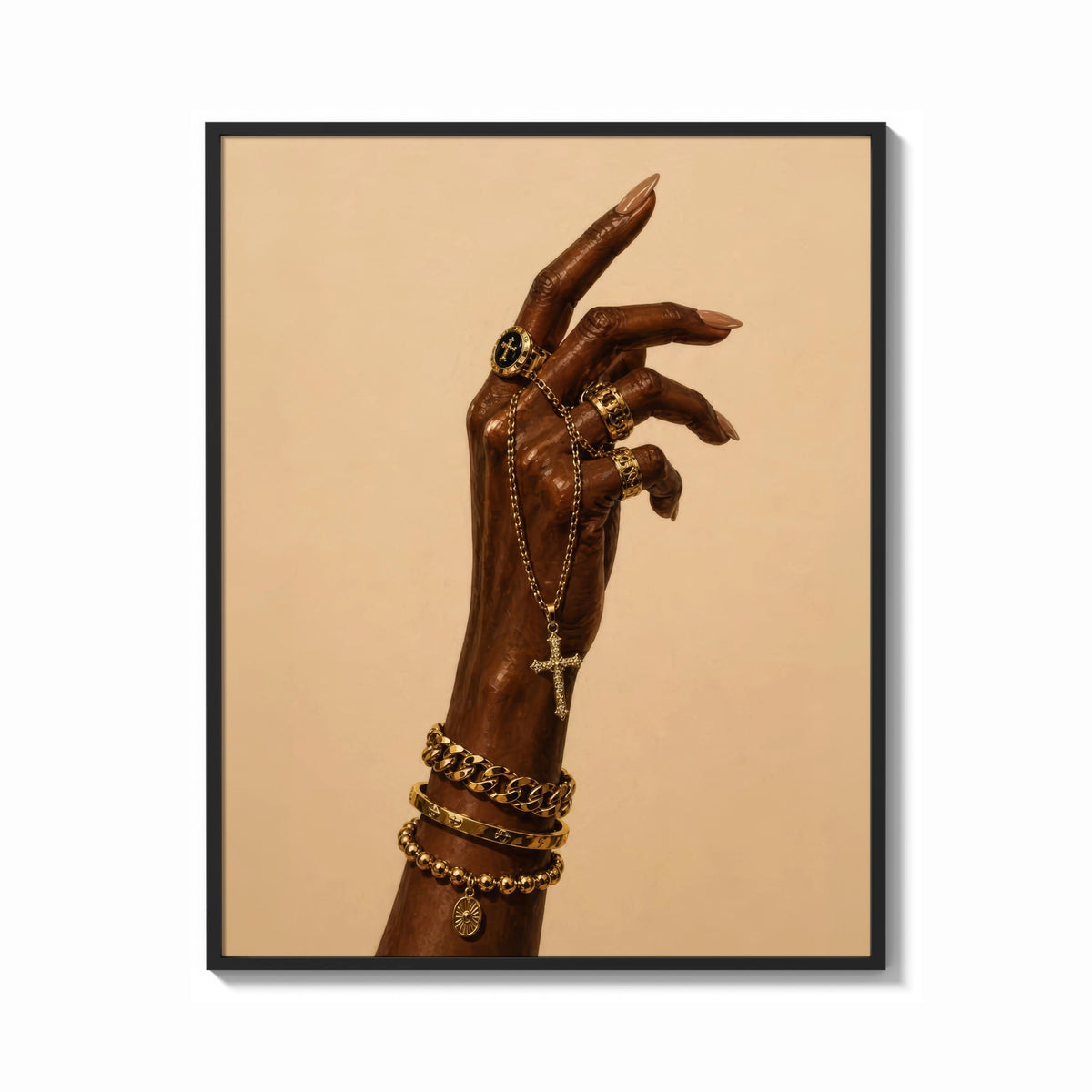 Framed Hand with a Cross and Gold Chains print shown as a bold statement piece on a clean gallery wall