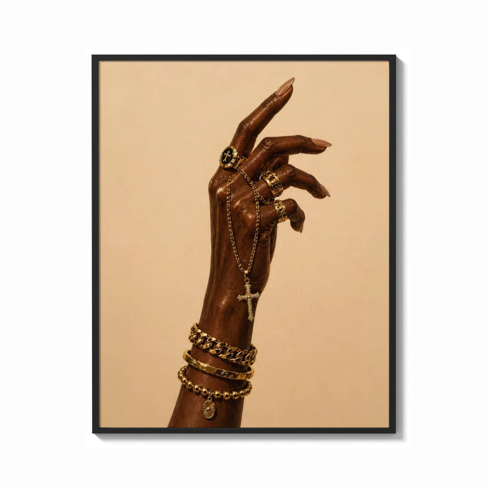 Framed Hand with a Cross and Gold Chains print shown as a bold statement piece on a clean gallery wall