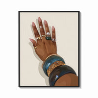 Framed Hand with Blue Bangles print shown as a bold statement piece on a clean gallery wall