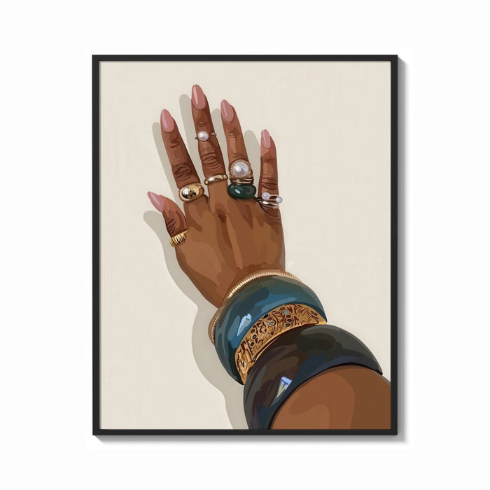 Framed Hand with Blue Bangles print shown as a bold statement piece on a clean gallery wall