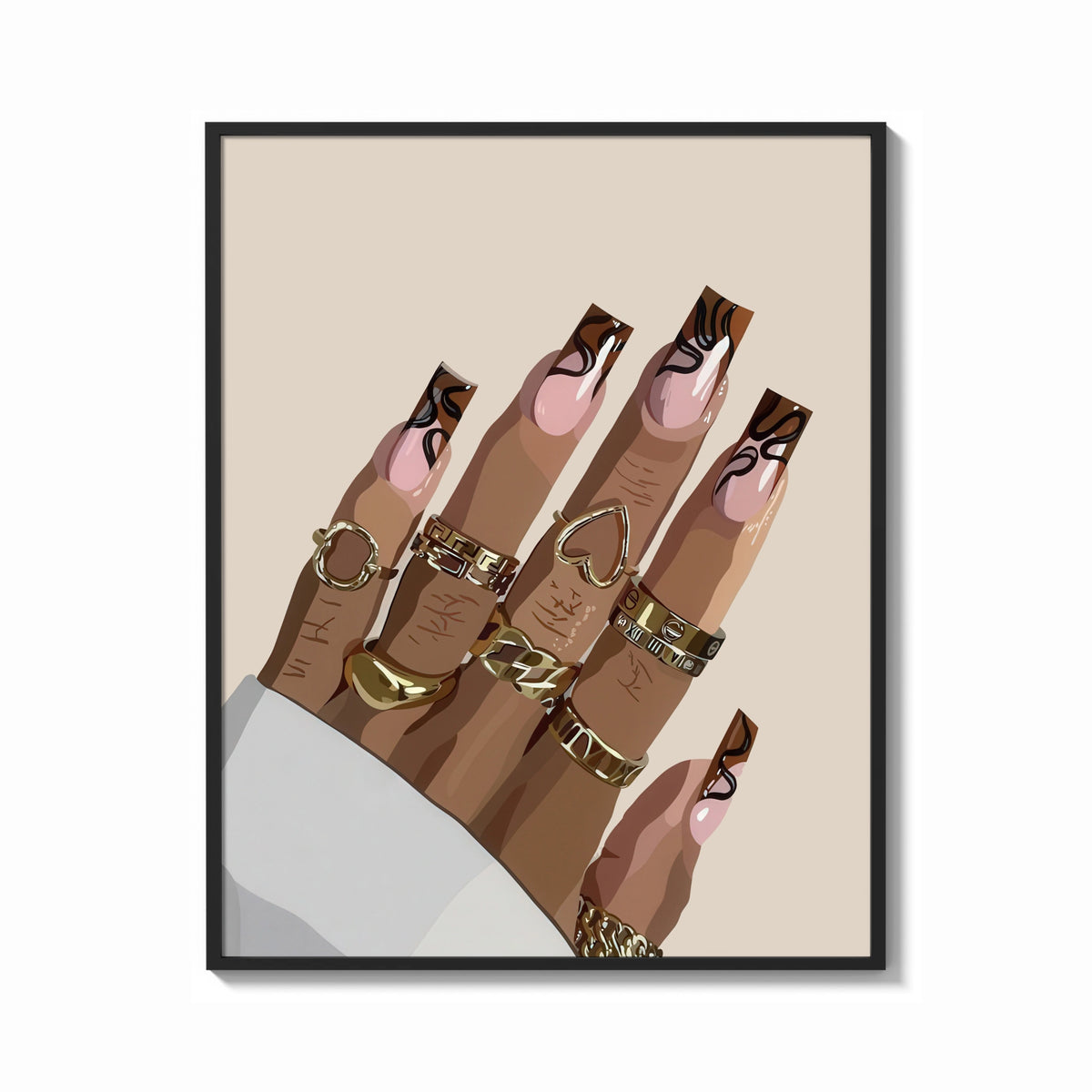 Framed Hand with Brown Swirl Nails print shown as a bold statement piece on a clean gallery wall
