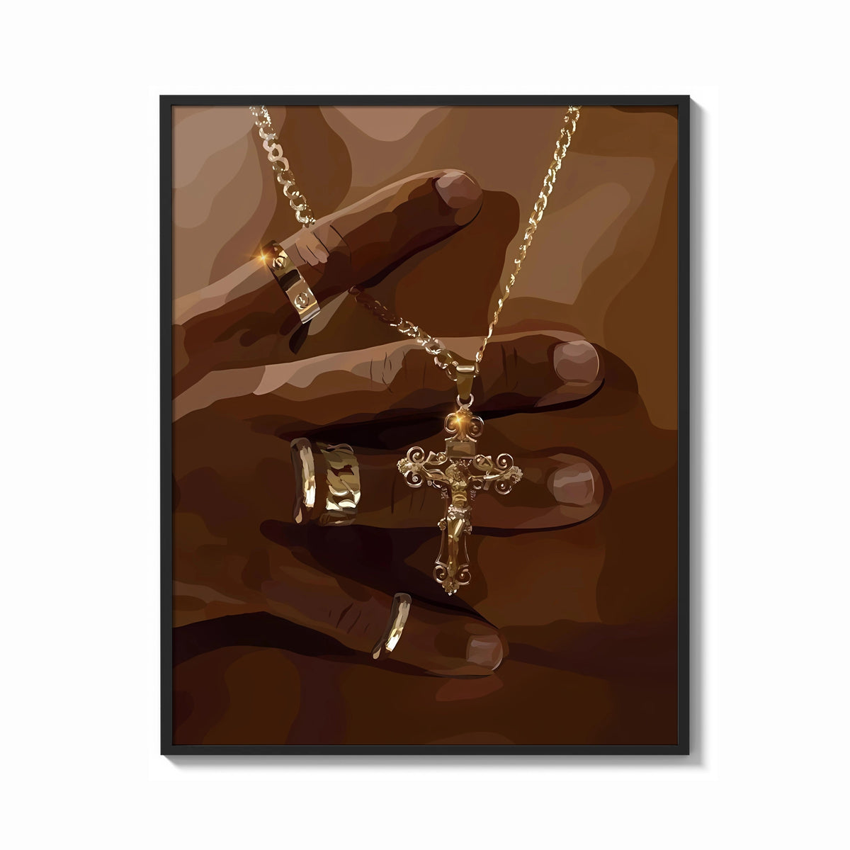 Framed Gold Cross Necklace print shown as a bold statement piece on a clean gallery wall
