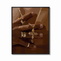 Framed Gold Cross Necklace print shown as a bold statement piece on a clean gallery wall