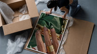 Green French Tips framed print being unpacked from protective bubble wrap and a box