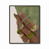 Framed Hand with Green Nails and Rings print shown as a bold statement piece on a clean gallery wall