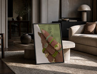 Hand with Green Nails and Rings print on the floor, leaning against a travertine table