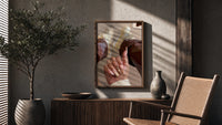 Heart Nail Designs poster framed above a fluted sideboard beside a potted tree