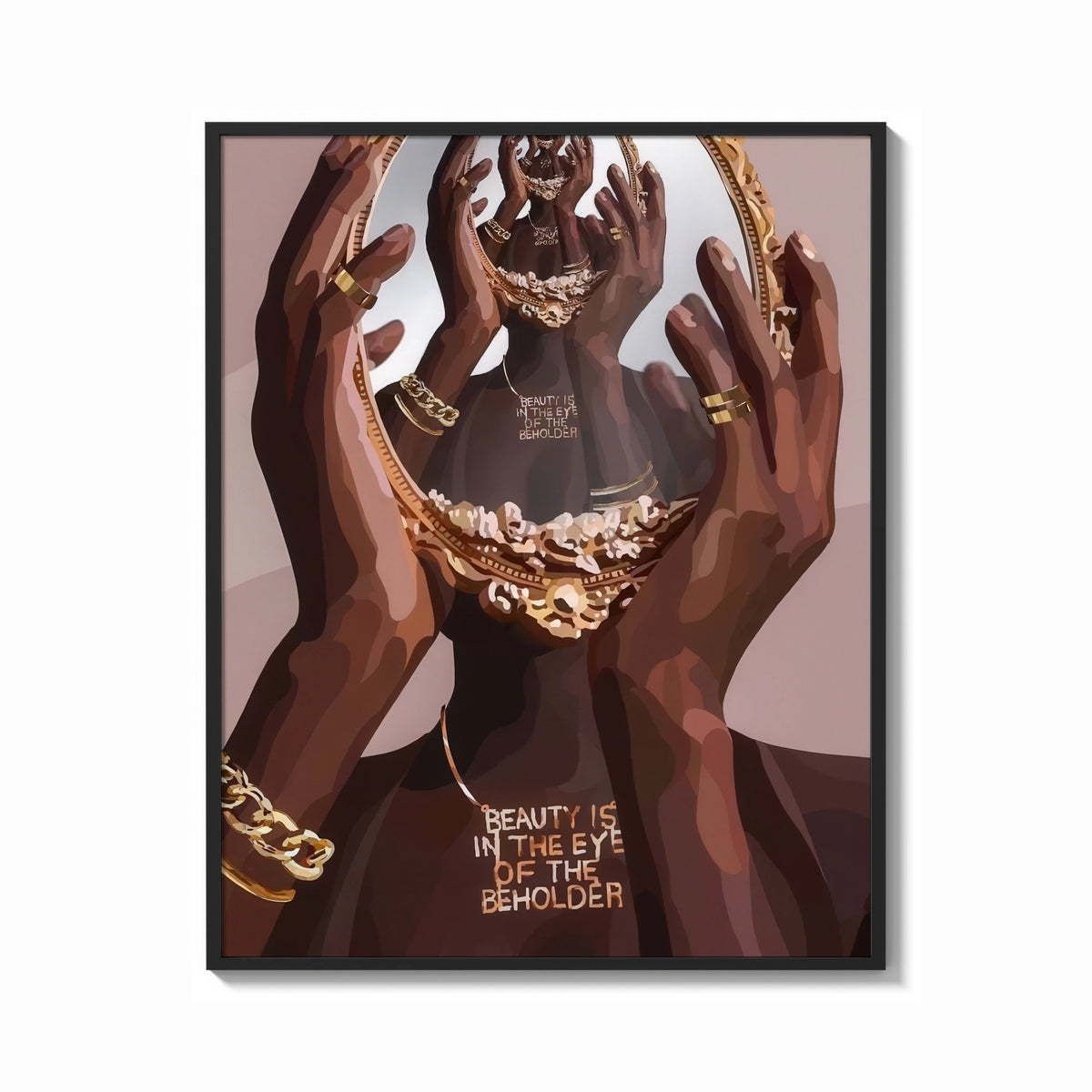 Framed Hands Holding an Ornate Mirror print shown as a bold statement piece on a clean gallery wall