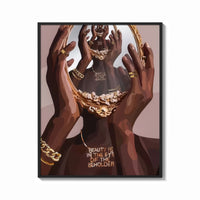 Framed Hands Holding an Ornate Mirror print shown as a bold statement piece on a clean gallery wall