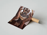 Gently curled Hands Holding an Ornate Mirror print beside its protective shipping tube