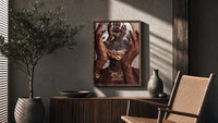 Hands Holding an Ornate Mirror poster framed above a fluted sideboard beside a potted tree